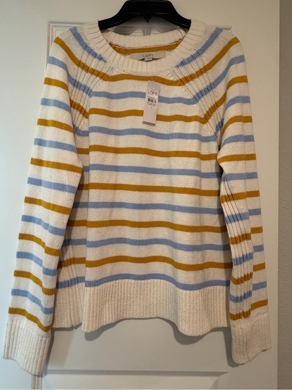 Loft NWT Size S Striped Cotton Blend Sweater Blue Mustard Cream